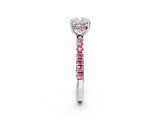 White gold Cushion Cut Diamond Pave Band Solitaire Ring with Round with Pink Sapphire side stone and Prong Setting_38