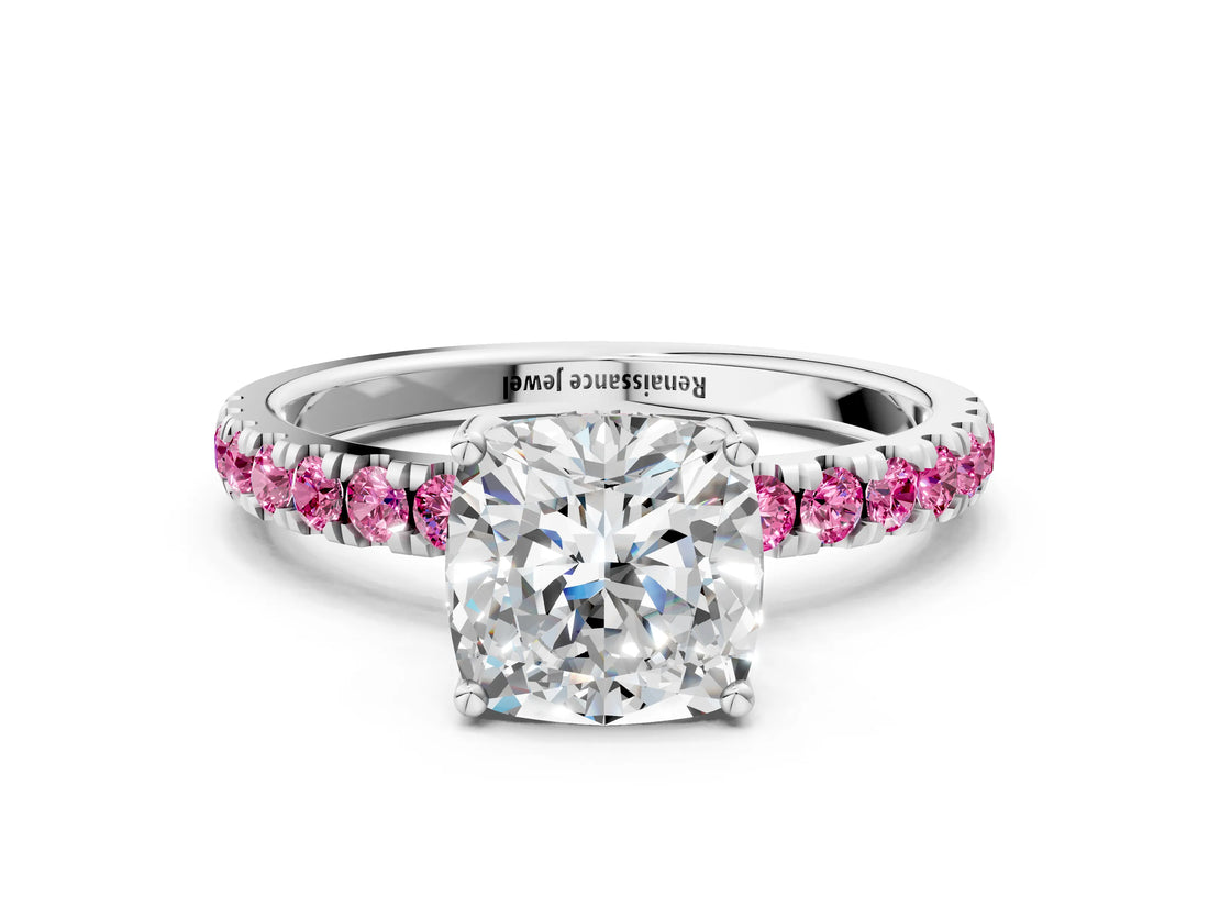 White gold Cushion Cut Diamond Pave Band Solitaire Ring with Round with Pink Sapphire side stone and Prong Setting_48