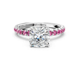 White gold Cushion Cut Diamond Pave Band Solitaire Ring with Round with Pink Sapphire side stone and Prong Setting_48