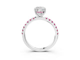 White gold Cushion Cut Diamond Pave Band Solitaire Ring with Round with Pink Sapphire side stone and Prong Setting_51