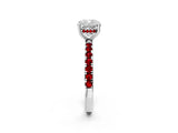 White gold Cushion Cut Diamond Pave Band Solitaire Ring with Round with Ruby side stone and Prong Setting_38