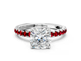 White gold Cushion Cut Diamond Pave Band Solitaire Ring with Round with Ruby side stone and Prong Setting_48