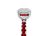 White gold Cushion Cut Diamond Pave Band Solitaire Ring with Round with Ruby side stone and Prong Setting_53