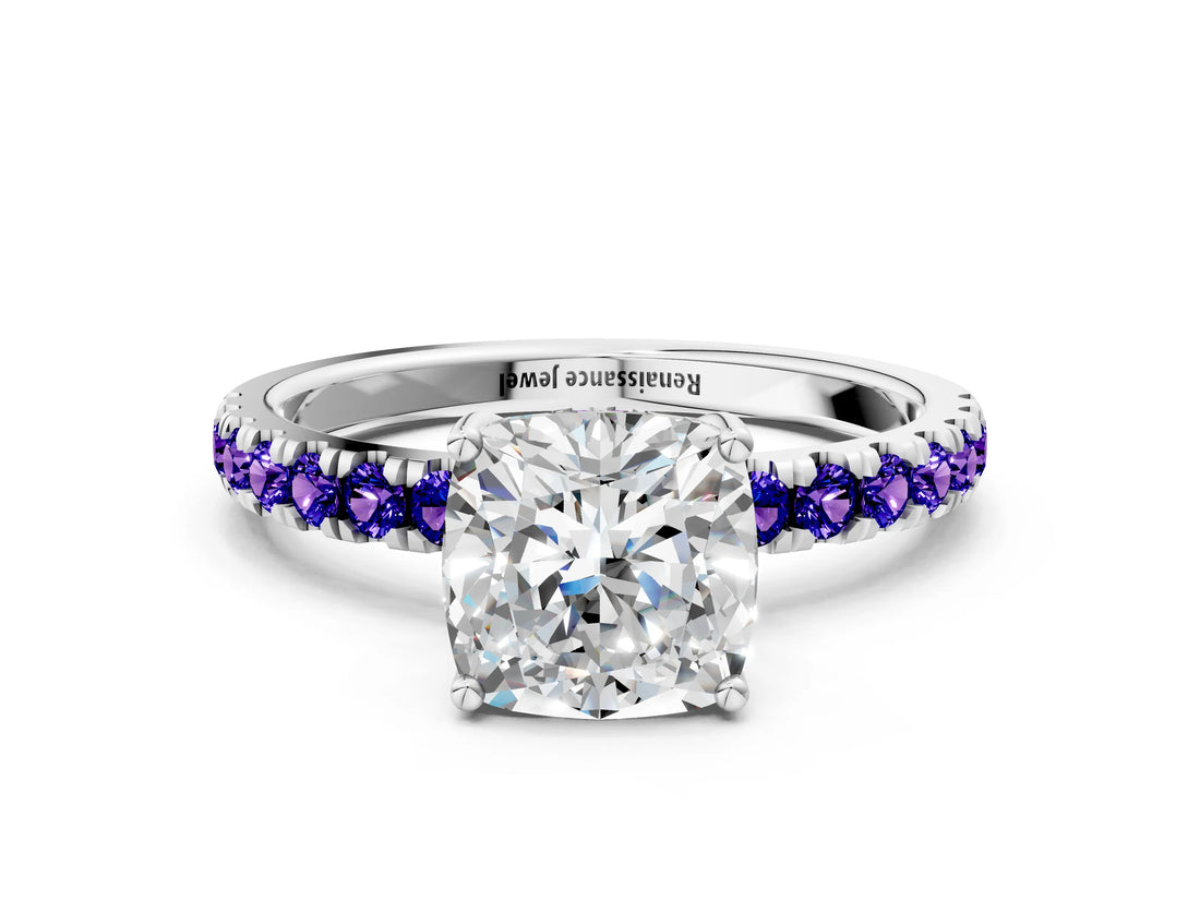 White gold Cushion Cut Diamond Pave Band Solitaire Ring with Round with Tanzanite side stone and Prong Setting