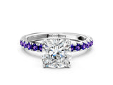 White gold Cushion Cut Diamond Pave Band Solitaire Ring with Round with Tanzanite side stone and Prong Setting_12