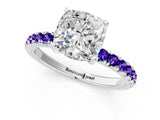 White gold Cushion Cut Diamond Pave Band Solitaire Ring with Round with Tanzanite side stone and Prong Setting_1