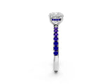 White gold Cushion Cut Diamond Pave Band Solitaire Ring with Round with Tanzanite side stone and Prong Setting_2