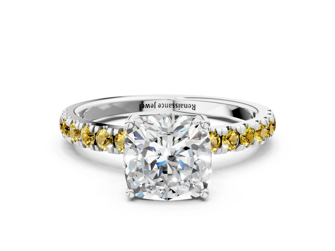 White gold Cushion Cut Diamond Pave Band Solitaire Ring with Round with Yellow Sapphire side stone and Prong Setting_12