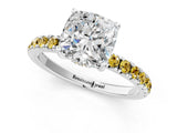 White gold Cushion Cut Diamond Pave Band Solitaire Ring with Round with Yellow Sapphire side stone and Prong Setting_25