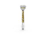 White gold Cushion Cut Diamond Pave Band Solitaire Ring with Round with Yellow Sapphire side stone and Prong Setting_26