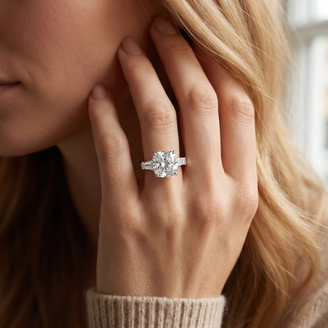14K White Gold 1.52 Carat D VVS2 Cushion Cut Diamond Ring with Baguette Side Stones, Channel Set Band, and Four-Prong Setting