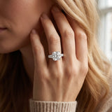 14K White Gold 1.52 Carat D VVS2 Cushion Cut Diamond Ring with Baguette Side Stones, Channel Set Band, and Four-Prong Setting
