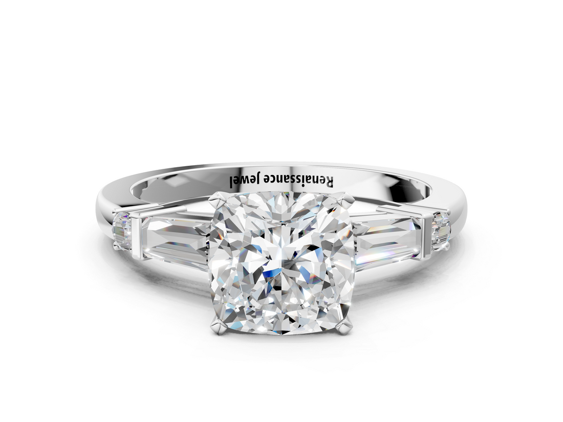 White gold Cushion Cut Diamond Ring with Baguette Side Stones, Channel Set Band, and Four-Prong Setting_23