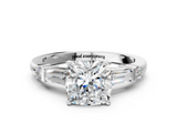 White gold Cushion Cut Diamond Ring with Baguette Side Stones, Channel Set Band, and Four-Prong Setting_23