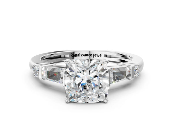 White gold Cushion Cut Diamond Ring with Baguette Side Stones, Channel Set Band, and Four-Prong Setting