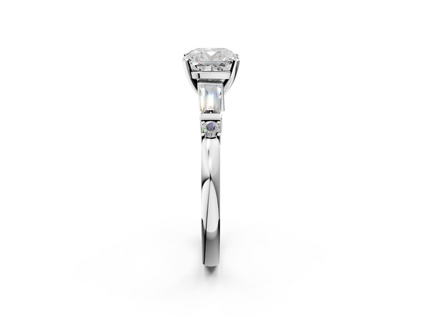 White gold Cushion Cut Diamond Ring with Baguette Side Stones, Channel Set Band, and Four-Prong Setting