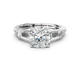 14K White Gold 1.52 Carat D VVS2 Cushion Cut Diamond Ring with Baguette Side Stones, Channel Set Band, and Four-Prong Setting