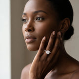 White gold Cushion Cut Diamond Ring with Marquise and Round  Side Stones and Four-Prong Setting