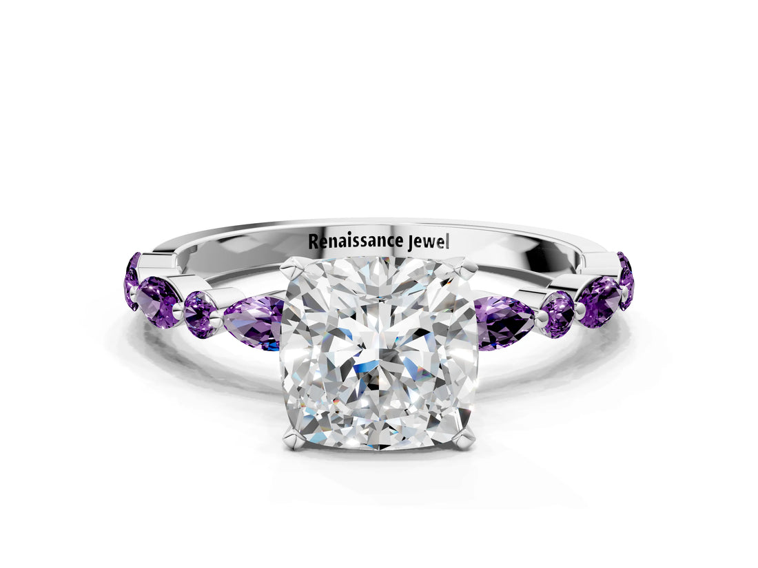 White gold Cushion Cut Diamond Ring with Marquise and Round with Amethyst side stone Side Stones and Four-Prong Setting_12