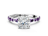 White gold Cushion Cut Diamond Ring with Marquise and Round with Amethyst side stone Side Stones and Four-Prong Setting_24