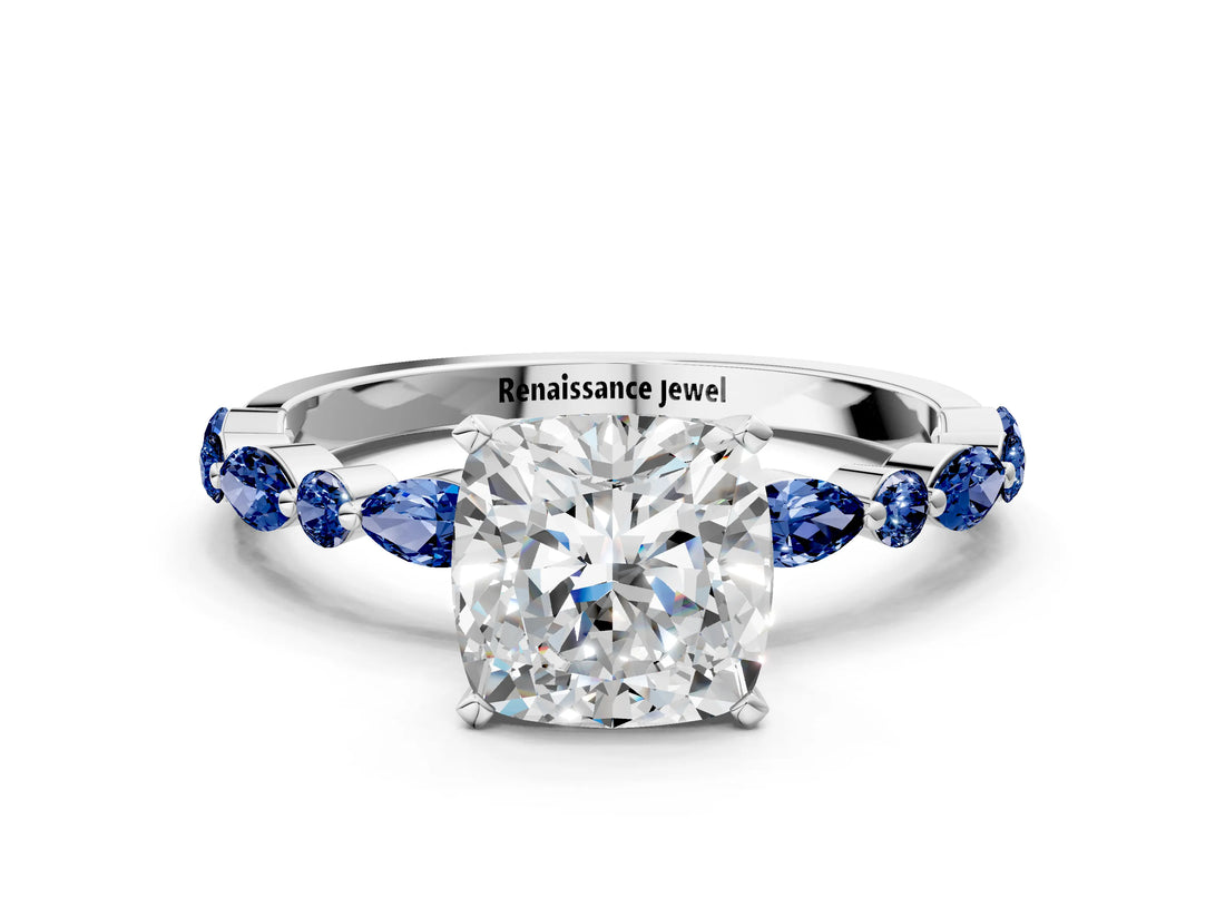 White gold Cushion Cut Diamond Ring with Marquise and Round with Blue Sapphire side stone Side Stones and Four-Prong Setting_60