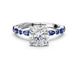 White gold Cushion Cut Diamond Ring with Marquise and Round with Blue Sapphire side stone Side Stones and Four-Prong Setting_60