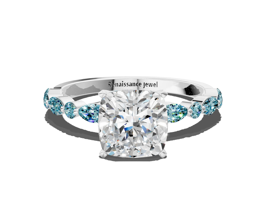 White gold Cushion Cut Diamond Ring with Marquise and Round with Blue Topaz side stone Side Stones and Four-Prong Setting_24