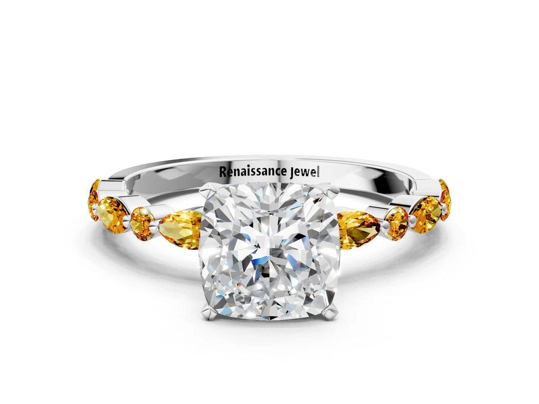 White gold Cushion Cut Diamond Ring with Marquise and Round with Citrine side stone Side Stones and Four-Prong Setting_12