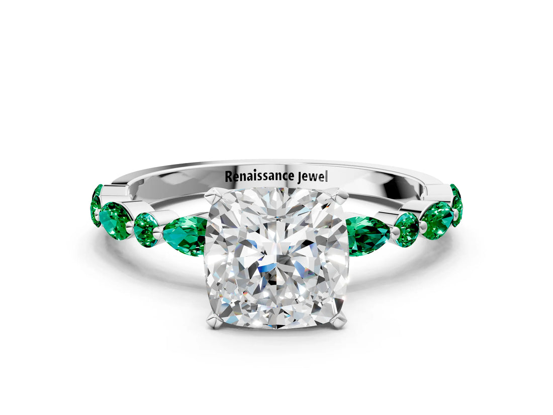 White gold Cushion Cut Diamond Ring with Marquise and Round with Emerald side stone Side Stones and Four-Prong Setting_48