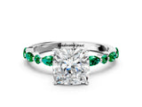 White gold Cushion Cut Diamond Ring with Marquise and Round with Emerald side stone Side Stones and Four-Prong Setting_48