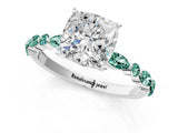 White gold Cushion Cut Diamond Ring with Marquise and Round with Green Sapphire side stone Side Stones and Four-Prong Setting_1