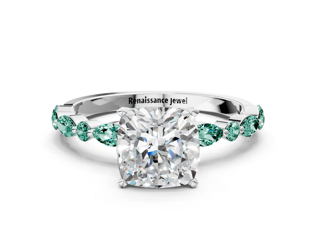 White gold Cushion Cut Diamond Ring with Marquise and Round with Green Sapphire side stone Side Stones and Four-Prong Setting