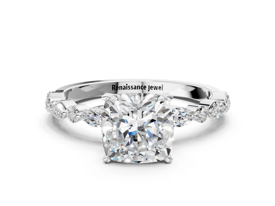 White gold Cushion Cut Diamond Ring with Marquise and Round with Moissanite side stone Side Stones and Four-Prong Setting_72