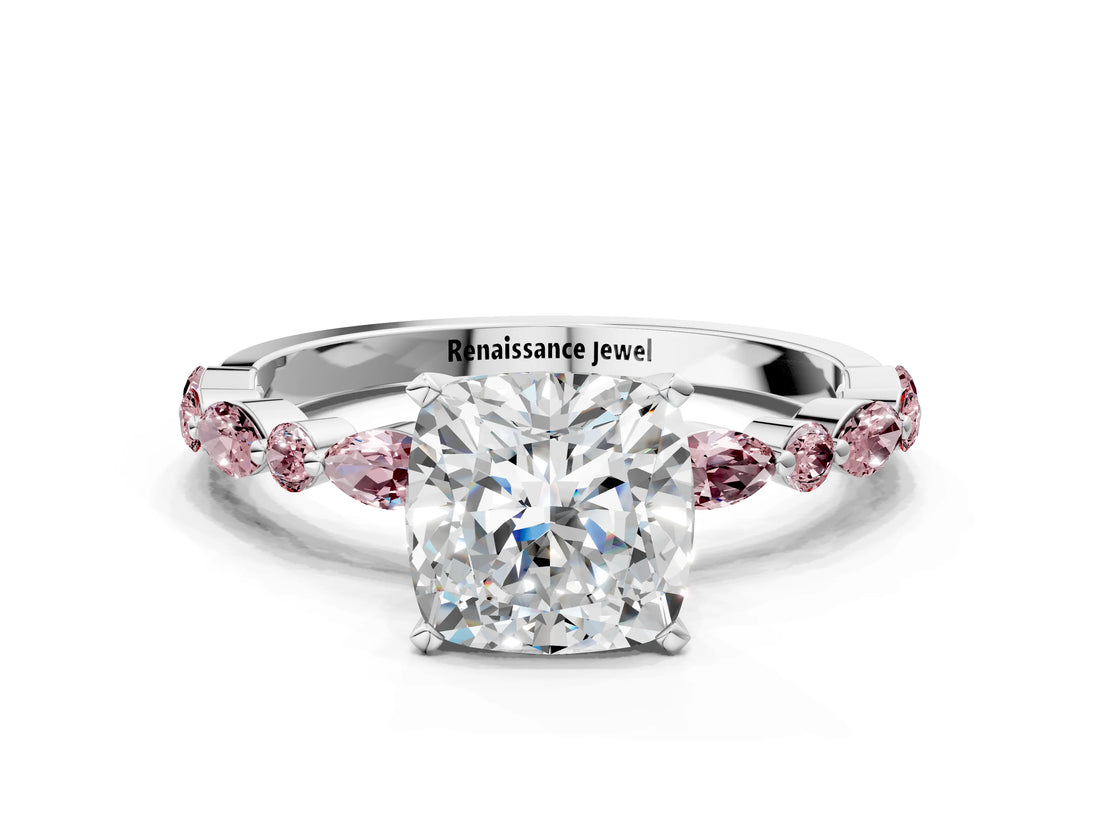 White gold Cushion Cut Diamond Ring with Marquise and Round with Morganite side stone Side Stones and Four-Prong Setting_12