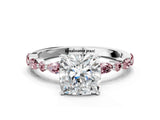 White gold Cushion Cut Diamond Ring with Marquise and Round with Morganite side stone Side Stones and Four-Prong Setting_12