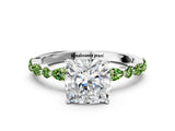 White gold Cushion Cut Diamond Ring with Marquise and Round with Peridot side stone Side Stones and Four-Prong Setting_12