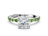 White gold Cushion Cut Diamond Ring with Marquise and Round with Peridot side stone Side Stones and Four-Prong Setting_6