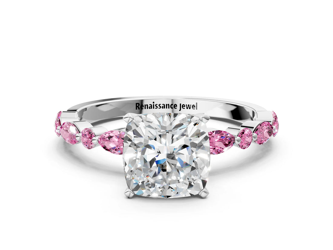 White gold Cushion Cut Diamond Ring with Marquise and Round with Pink Sapphire side stone Side Stones and Four-Prong Setting_12