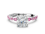 White gold Cushion Cut Diamond Ring with Marquise and Round with Pink Sapphire side stone Side Stones and Four-Prong Setting