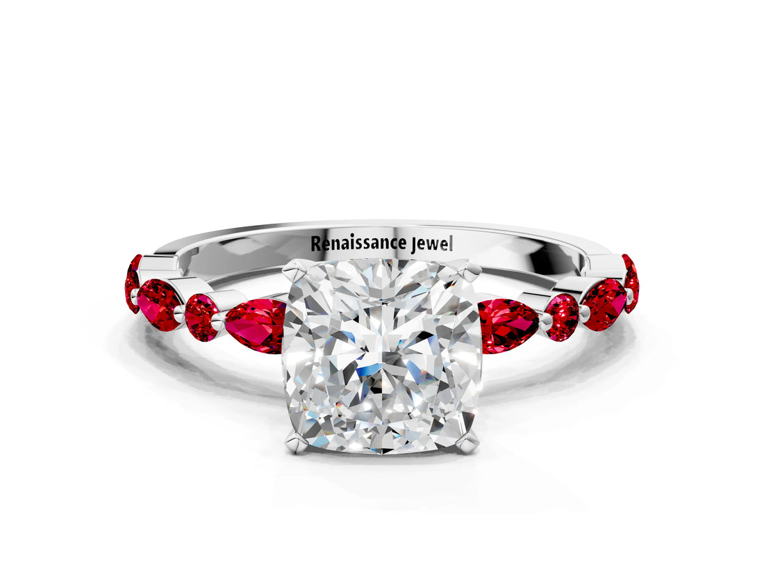 White gold Cushion Cut Diamond Ring with Marquise and Round with Ruby side stone Side Stones and Four-Prong Setting_48