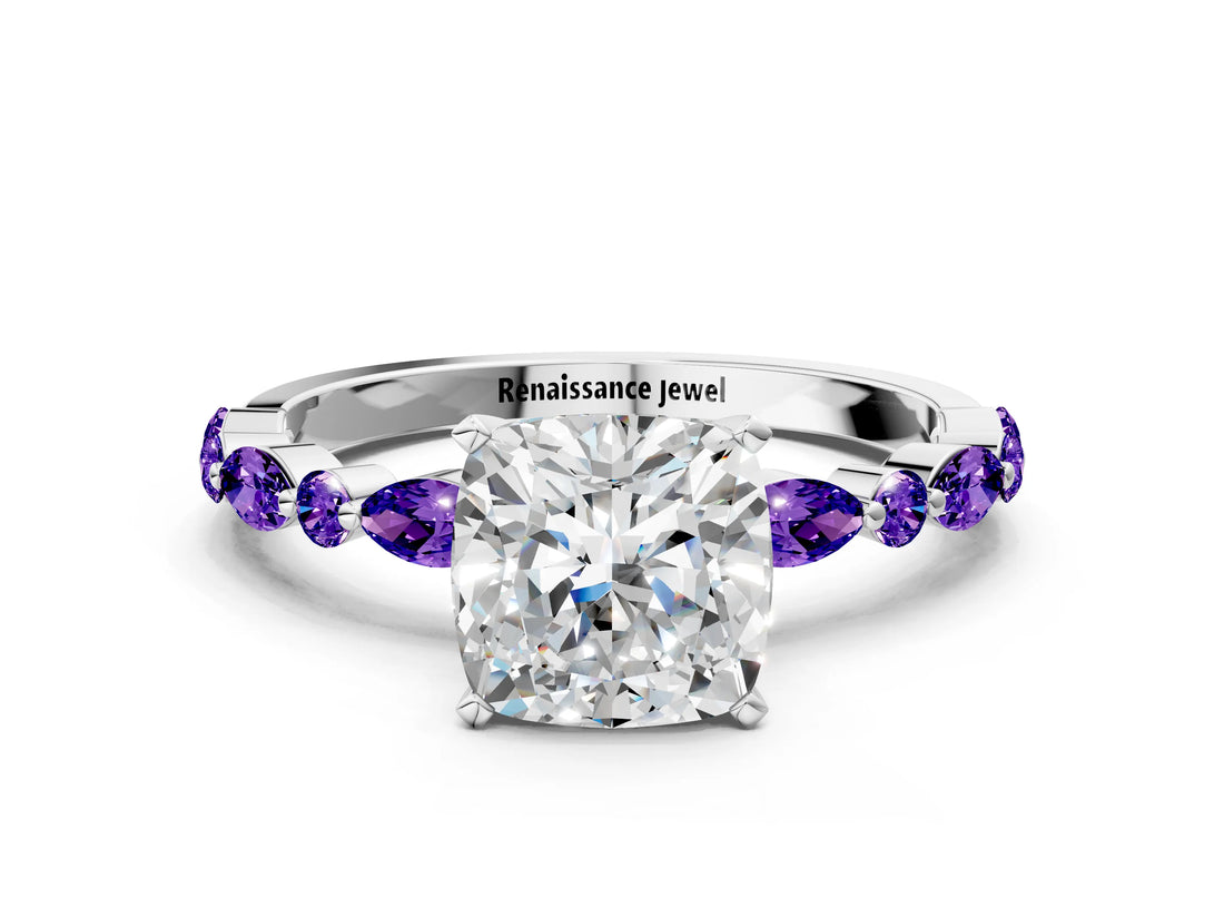 White gold Cushion Cut Diamond Ring with Marquise and Round with Tanzanite side stone Side Stones and Four-Prong Setting