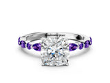 White gold Cushion Cut Diamond Ring with Marquise and Round with Tanzanite side stone Side Stones and Four-Prong Setting