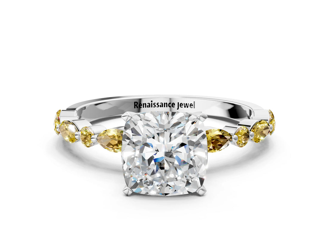 White gold Cushion Cut Diamond Ring with Marquise and Round with Yellow Sapphire side stone Side Stones and Four-Prong Setting_44