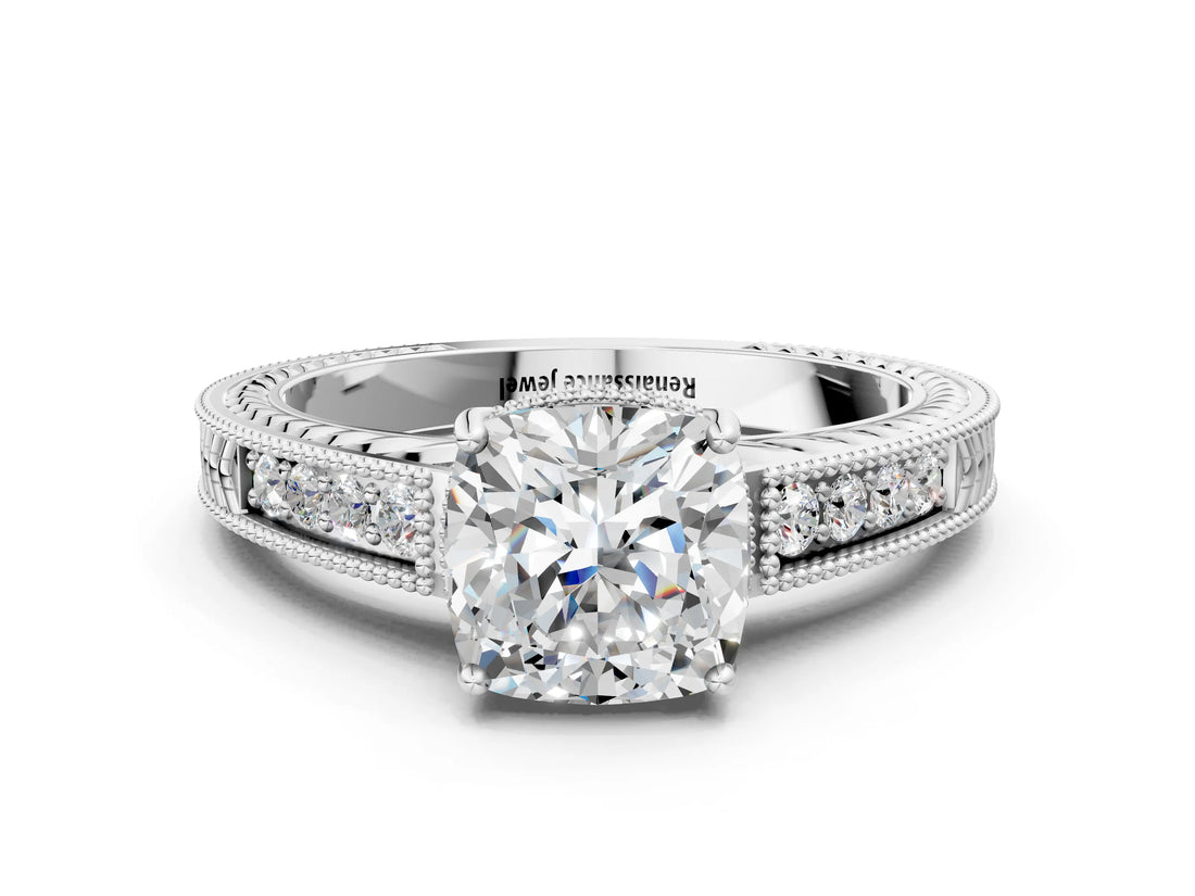 White gold Cushion Cut Diamond Ring with Milgrain Pavé Band and Four-Prong Setting_37