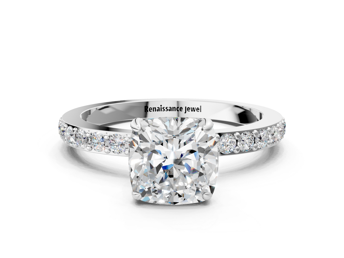 White gold Cushion Cut Diamond Ring with Pavé Band and Four-Prong Setting_112