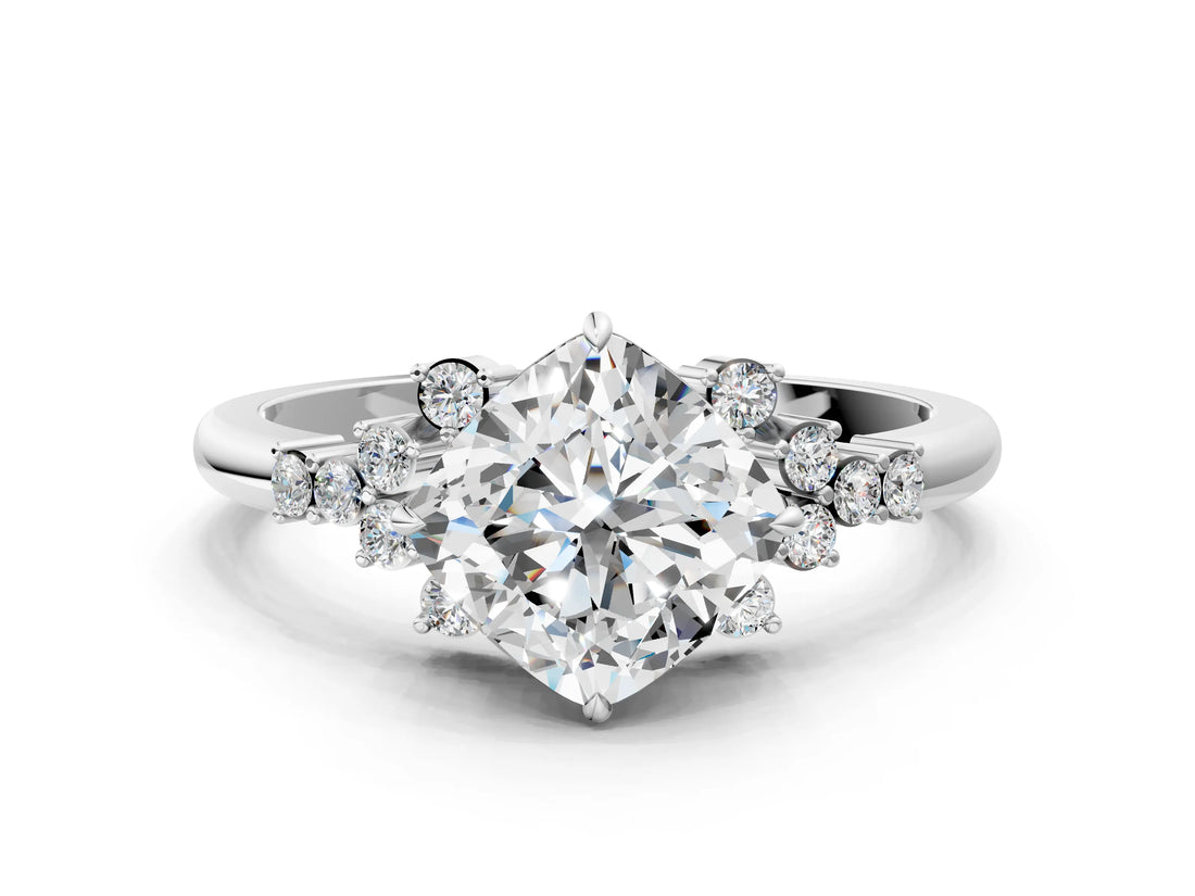 White gold Cushion Cut Diamond Ring with Side Stones and Four-Prong Setting_100