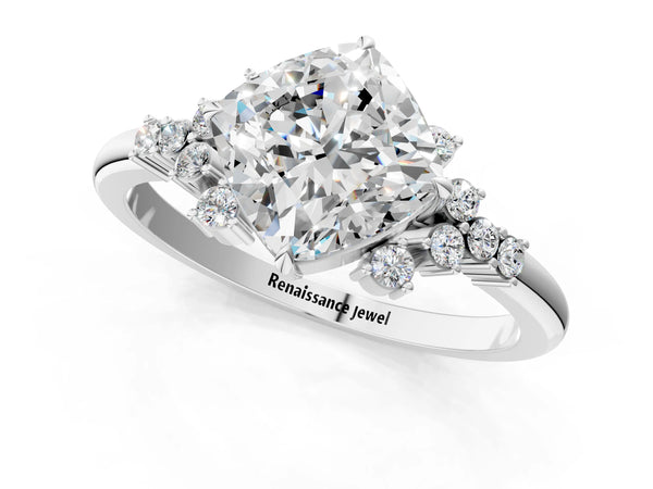 Platinum Cushion Cut Diamond Ring with Side Stones and Four-Prong Setting