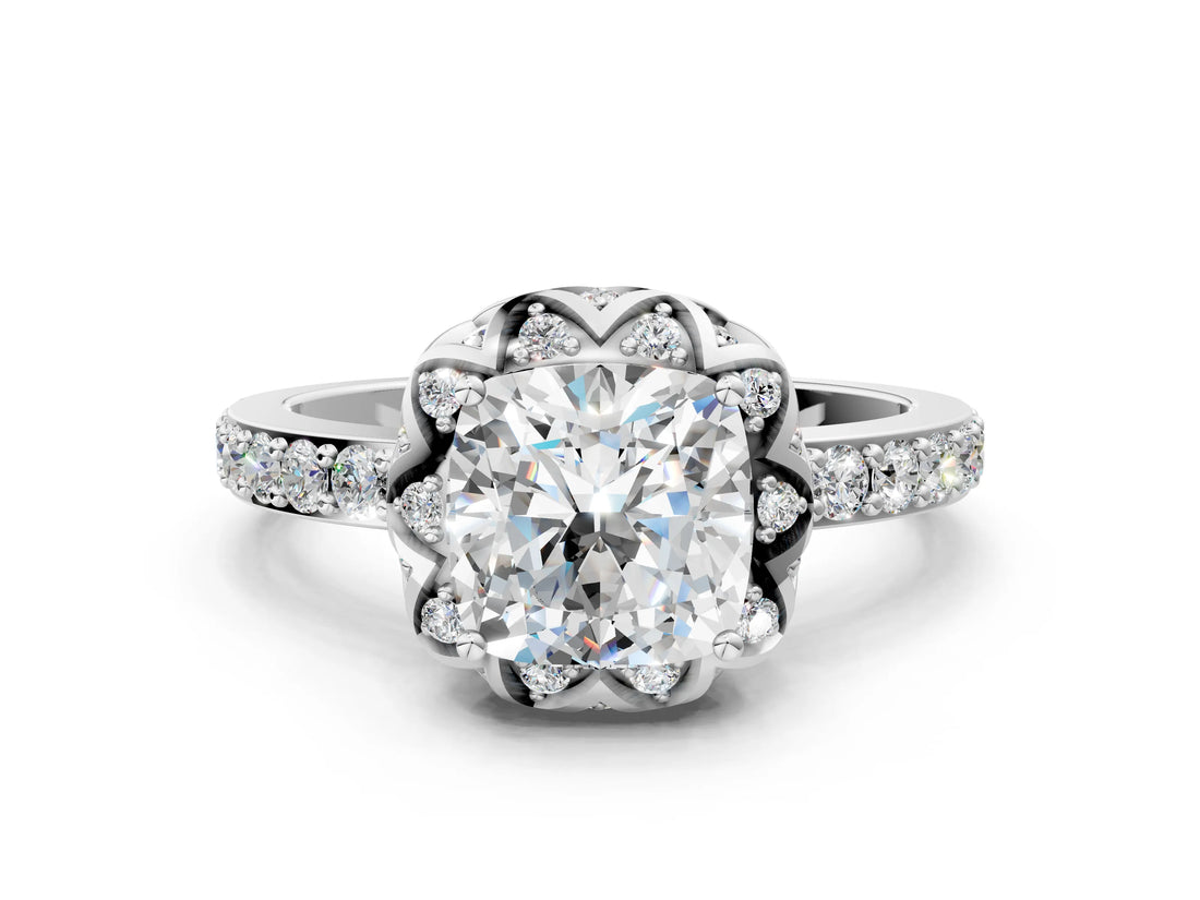 White gold Cushion Cut Diamond Scalloped Halo Engagement Ring with Round Shared Prong Band_12