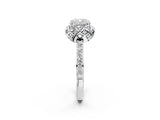 White gold Cushion Cut Diamond Scalloped Halo Engagement Ring with Round Shared Prong Band_14