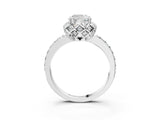 White gold Cushion Cut Diamond Scalloped Halo Engagement Ring with Round Shared Prong Band_15